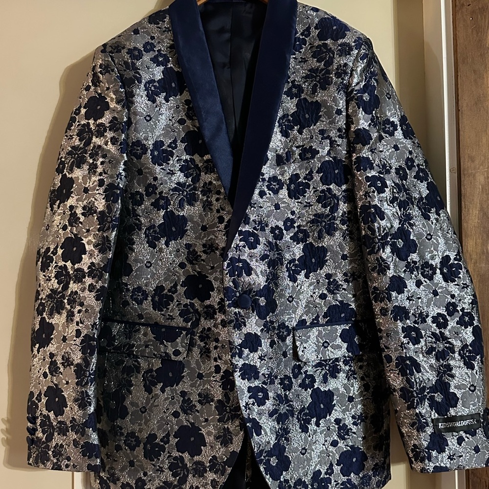 Floral Patterned Blazer in Blue and Silver
